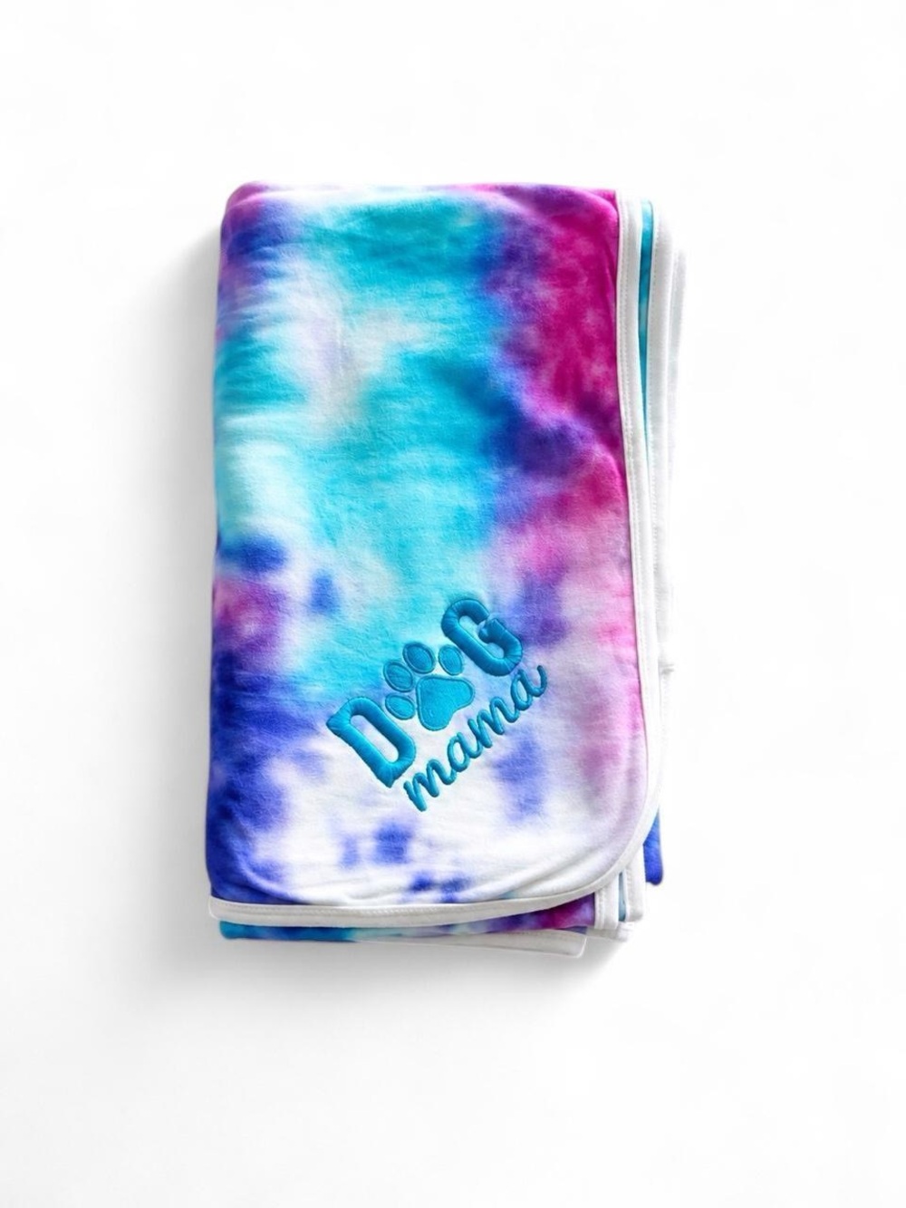 Tie-Dye 'Dog Mama' Embroidered Pajama fabric Throw Blanket - Blue/Purple/Pink